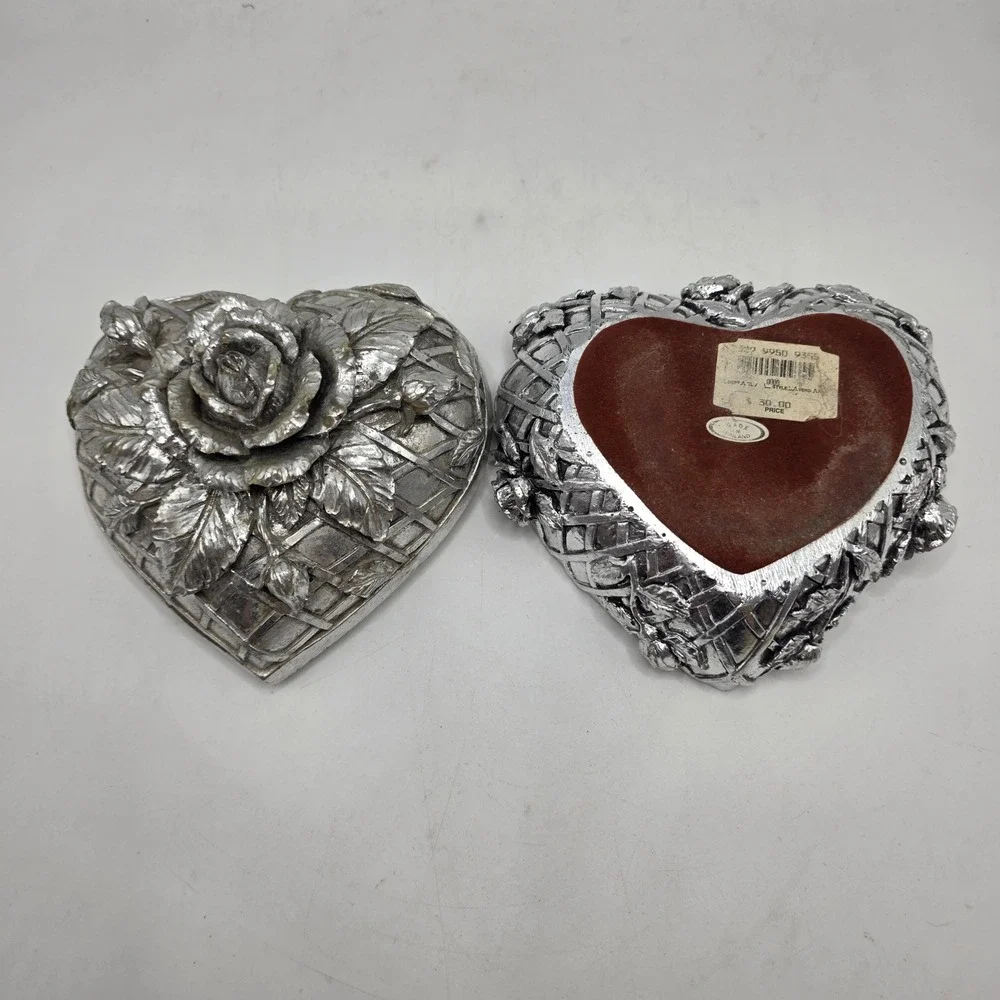Vintage Silver Heart Trinket Box 3D Rose Floral Ornate Velvet Lined Jewelry Case